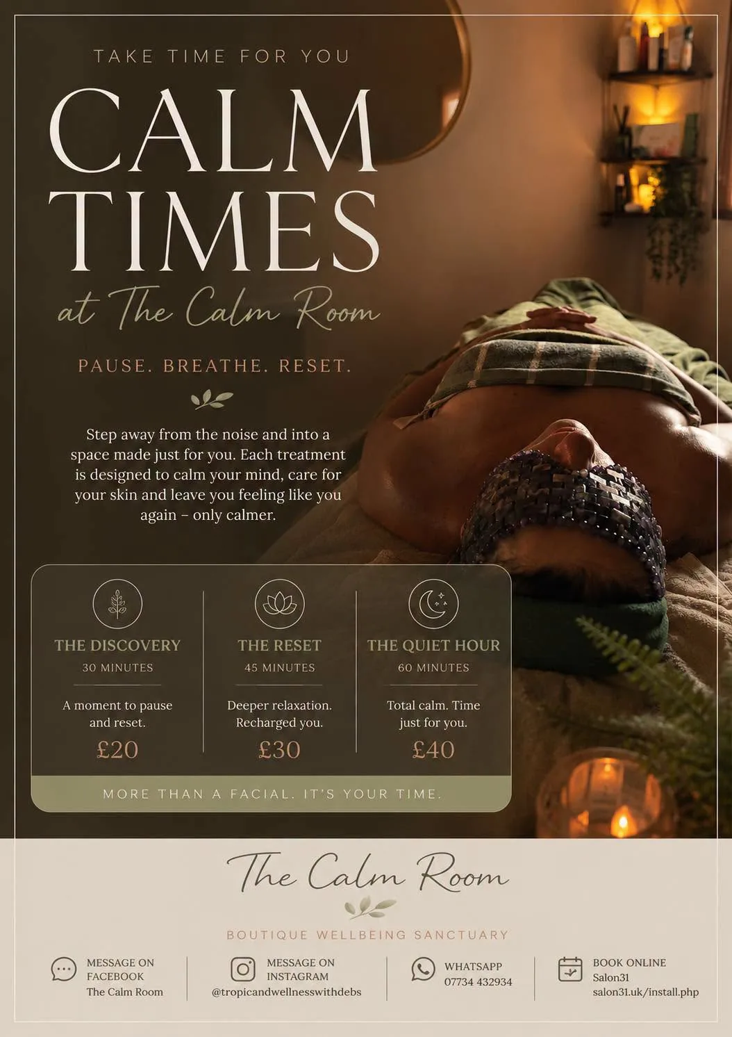 Calm Times at The Calm Room — Signature facial menu featuring The Discovery, The Reset and The Quiet Hour treatments